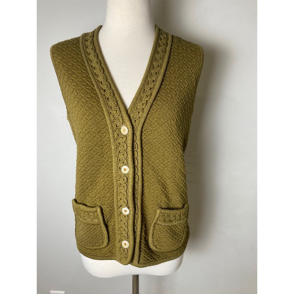 Vintage 1960s Olive Green Knit Cardigan Vest Braided Trim Pockets Retro Boho